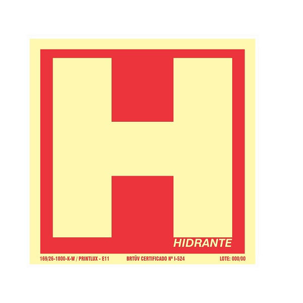 Placa Sinalização Hidrante PVC 150x150 mm Fotoluminescente/Vermelha