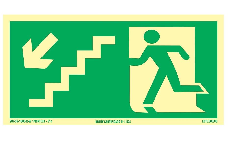 Placa Sinalização Escada Descida Esquerda PVC 120x240 mm Fotoluminescente/Verde