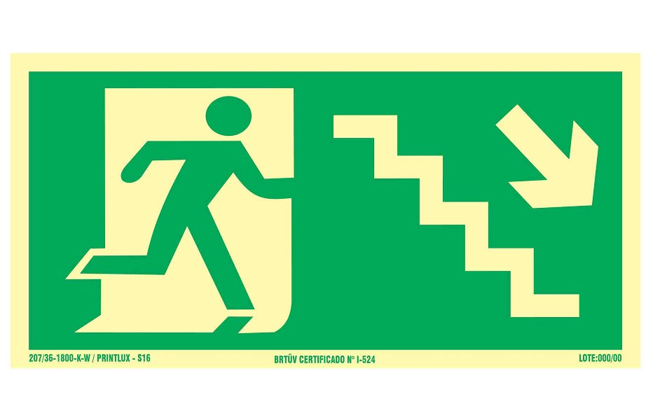 Placa Sinalização Escada Descida Direita PVC 120x240 mm Fotoluminescente/Verde