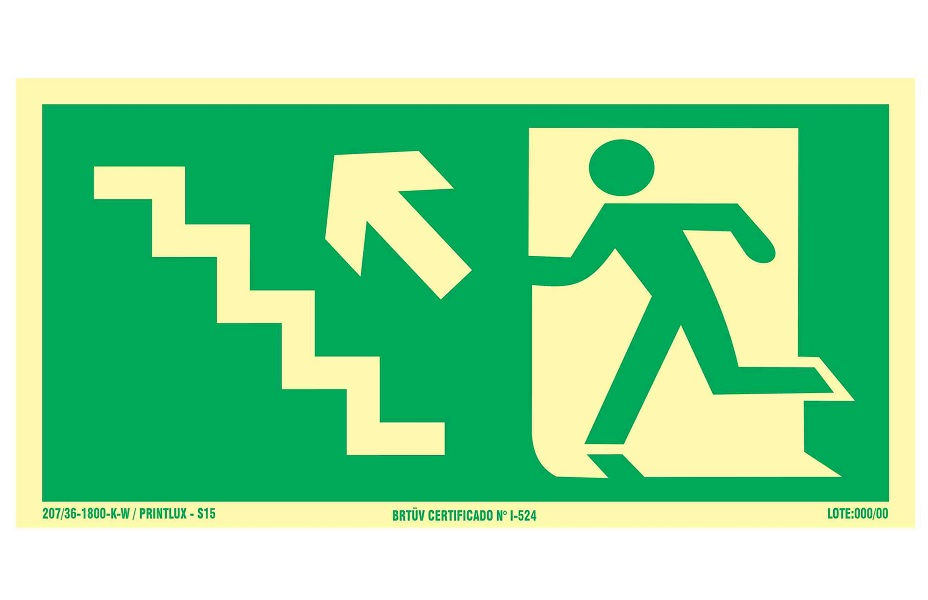 Placa Sinalização Escada Subida Esquerda PVC 120x240 mm Fotoluminescente/Verde