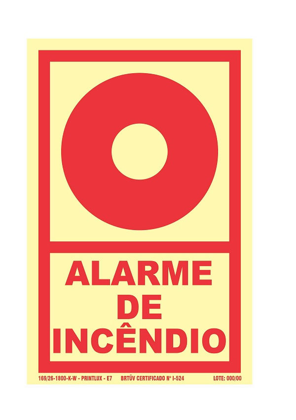 Placa Sinalização Alarme de Incêndio PVC 300x200 mm Branca/Vermelha