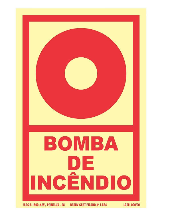 Placa Sinalização Bomba Incêndio PVC 300x200 mm Fotoluminescente/Vermelho