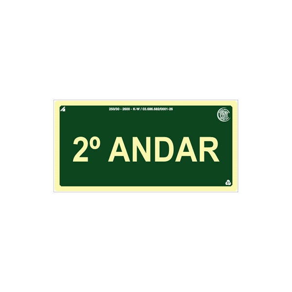 Placa Sinalização Pavimento 2° Andar PVC 120x240 mm Fotoluminescente/Verde