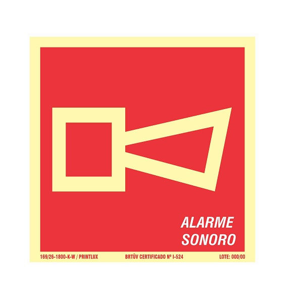 Placa Sinalização Alarme Sonoro PVC 150x150 mm Fotoluminescente/Vermelha