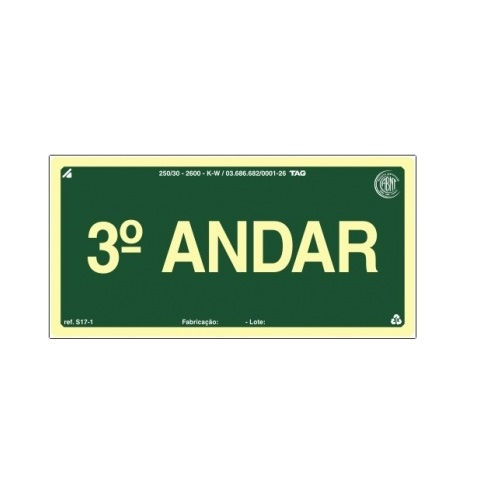 Placa Sinalização Pavimento 3° Andar PVC 120x240 mm Fotoluminescente/Verde