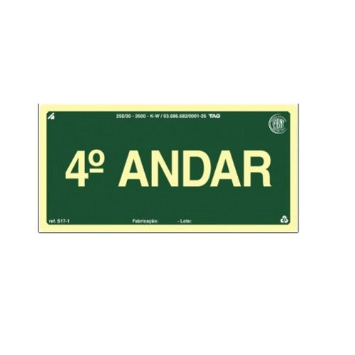 Placa Sinalização Pavimento 4° Andar PVC 100x200 mm Fotoluminescente/Verde