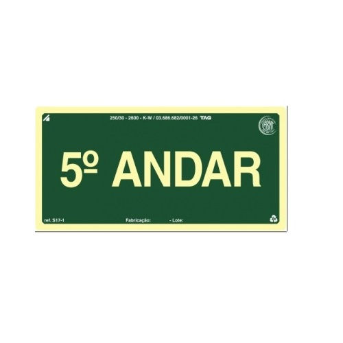 Placa Sinalização Pavimento 5° Andar PVC 100x200 mm Fotoluminescente/Verde