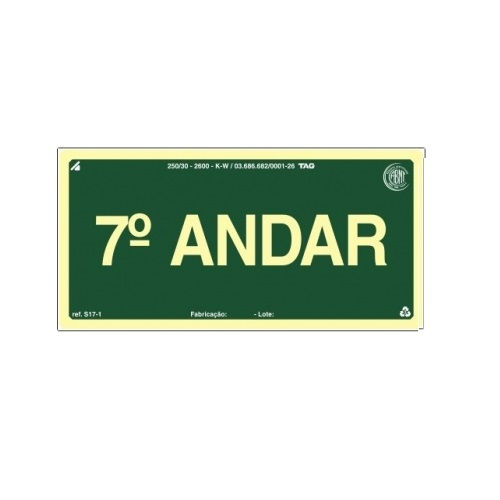 Placa Sinalização Pavimento 7° Andar PVC 100x200 mm Fotoluminescente/Verde