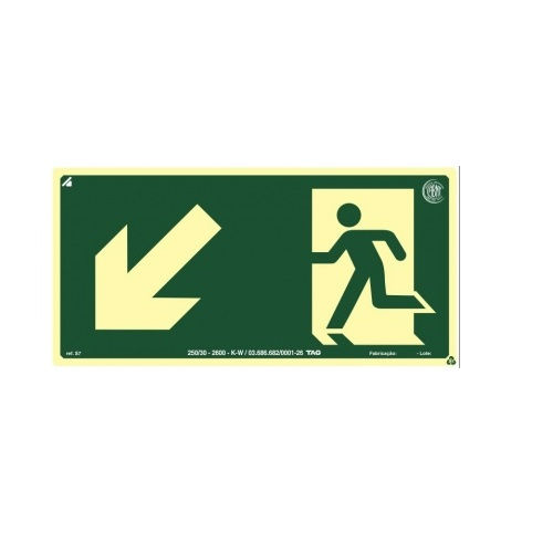 Placa Sinalização Rampa Desce a Esquerda PVC 120x240 mm Fotoluminescente/Verde