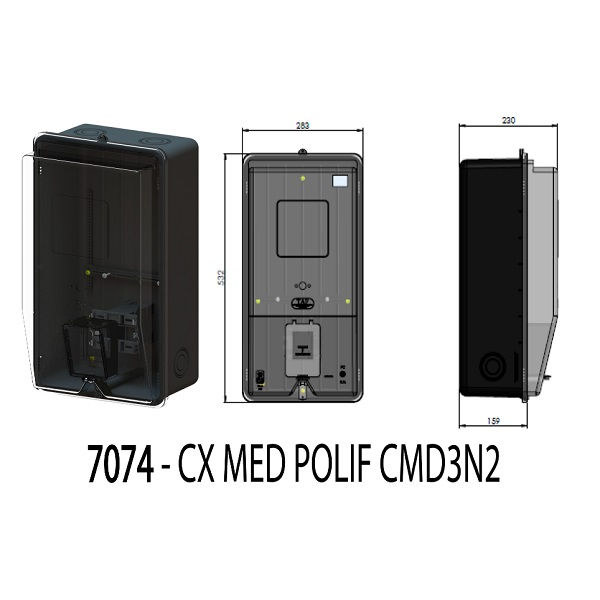 Caixa Medidor Trifásica Externa Policarbonato 532x283x230 mm Preta com Espaco Disjuntor sem Lente com Visor Transparente Padrão CEEE