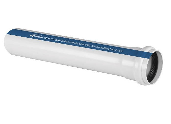 Tubo PVC-O Liso Ponta/Bolsa DN350x6315 mm Biax PN12,5 Branco e Faixa Azul Adução Água