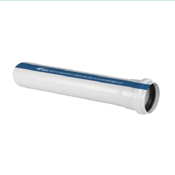 Tubo PVC-O Liso com Anel DN200x6210 mm Biax PN12,5 Branco e Faixa Azul Adução Água DEFOFO