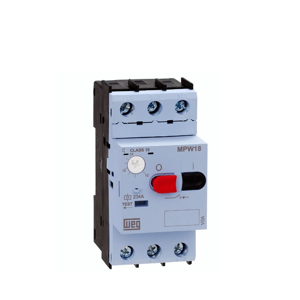 Disjuntor Motor Tripolar MPW18 1,60-2,50A Classe 10 Acionamento para Botão Impulso DIN Conexão para Parafuso