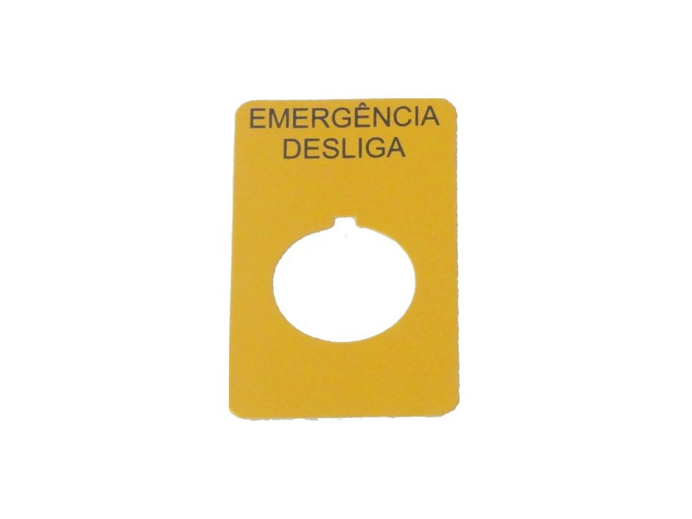 Placa Identificação PVC para Botão 22 mm 36x61,5 mm Desliga/Emergência Amarela