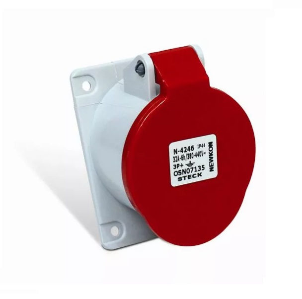 Tomada PVC 3P+T 6H Embutir Industrial 32A/380VCA com Tampa Vermelha IP44
