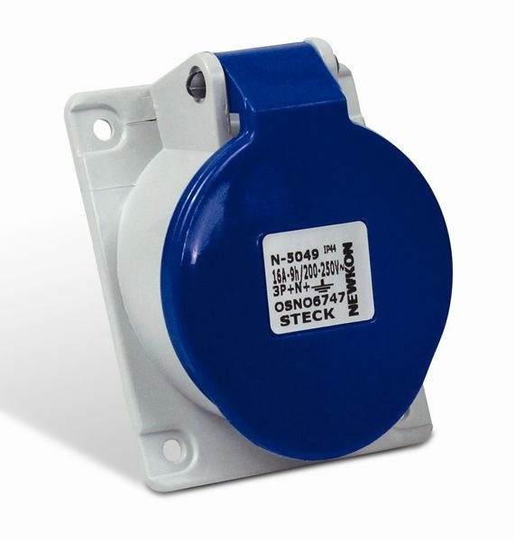 Tomada PVC 3P+T 9H Embutir Industrial 16A/220VCA com Tampa Azul IP44