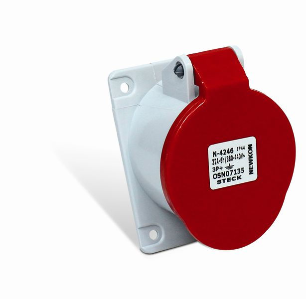 Tomada PVC 3P+T+N 6H Embutir Industrial 32A/380/440VCA com Tampa Vermelha IP44