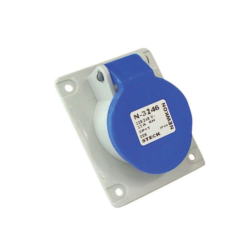 Tomada PVC 2P+T 6H Embutir Industrial 32A/220VCA com Tampa Azul IP44