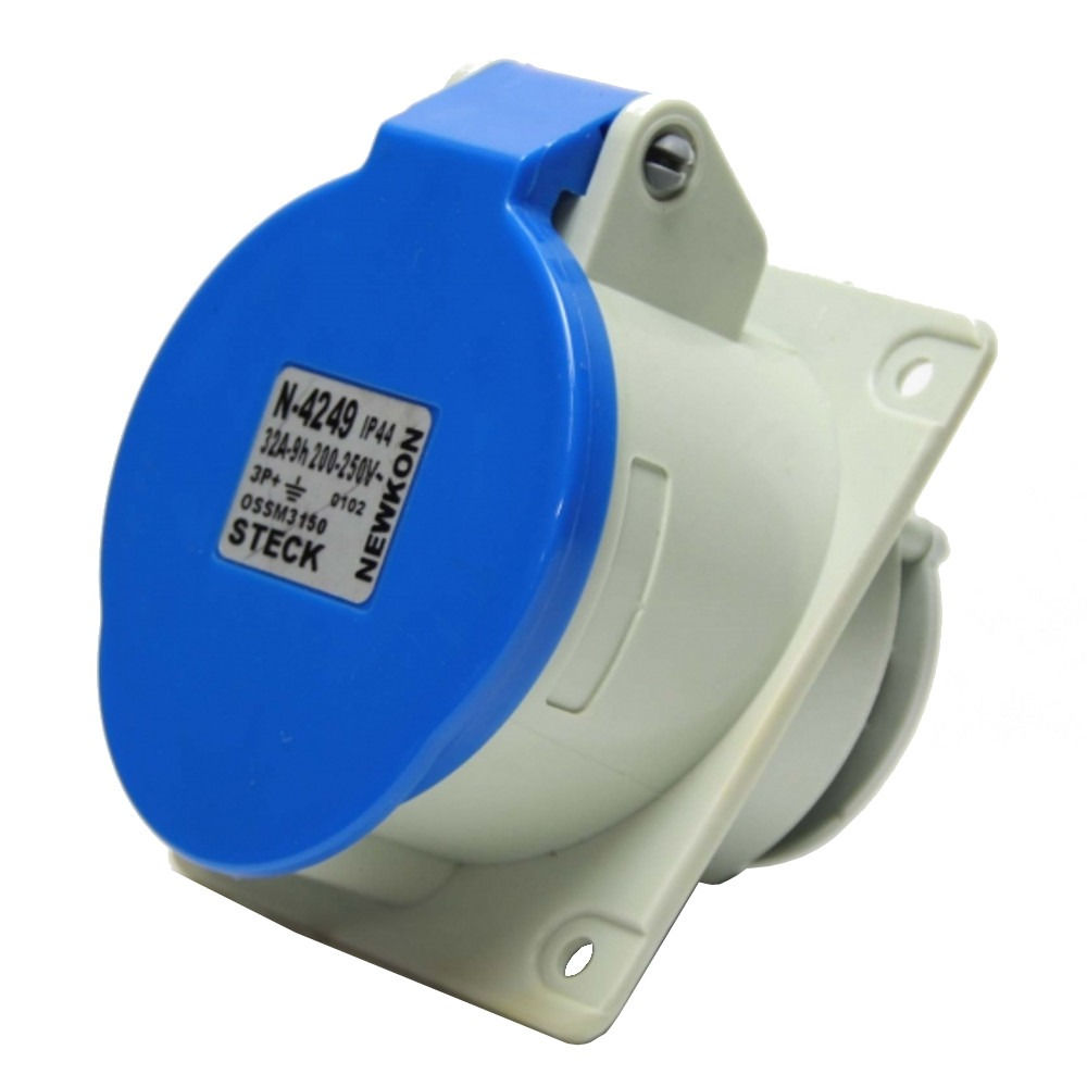 Tomada PVC 3P+T 9H Embutir Industrial 32A/220VCA com Tampa Azul IP44
