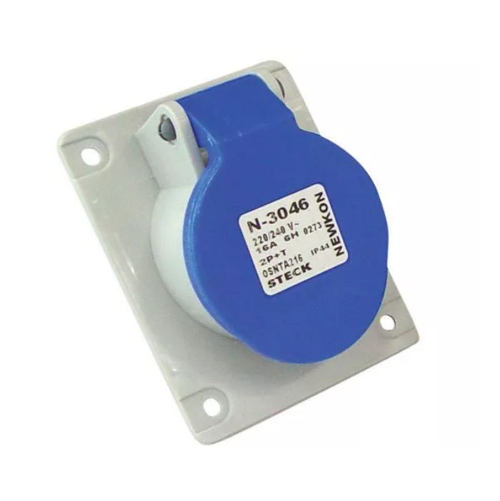 Tomada PVC 2P+T 6H Embutir Industrial 16A/250V com Tampa Azul IP44