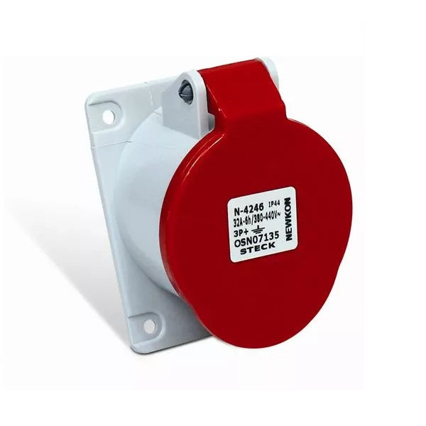 Tomada PVC 2P+T 9H Embutir Industrial 16A/380/440VCA com Tampa Vermelha IP44