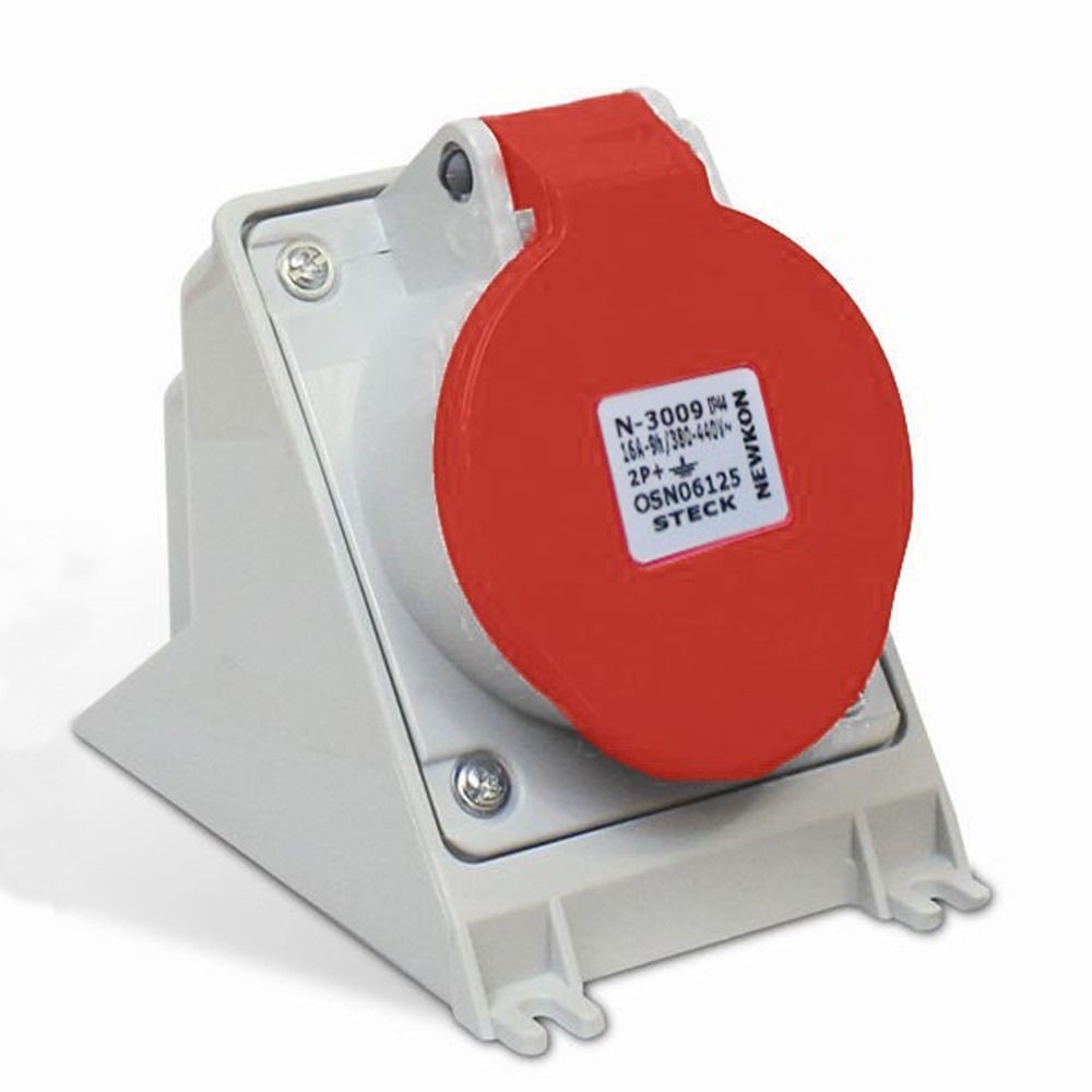 Tomada PVC 2P+T 9H Sobrepor Industrial 16A/380/440VCA com Tampa Vermelha IP44