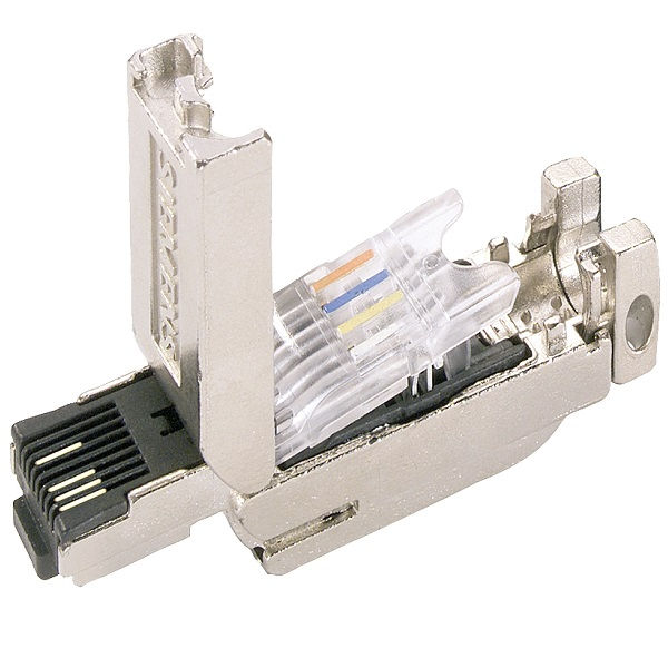 Conector ETHERNET Industrial Macho RJ45 CAT5E 10/100Mbps 4 Fios Metálico Saída 180 Graus