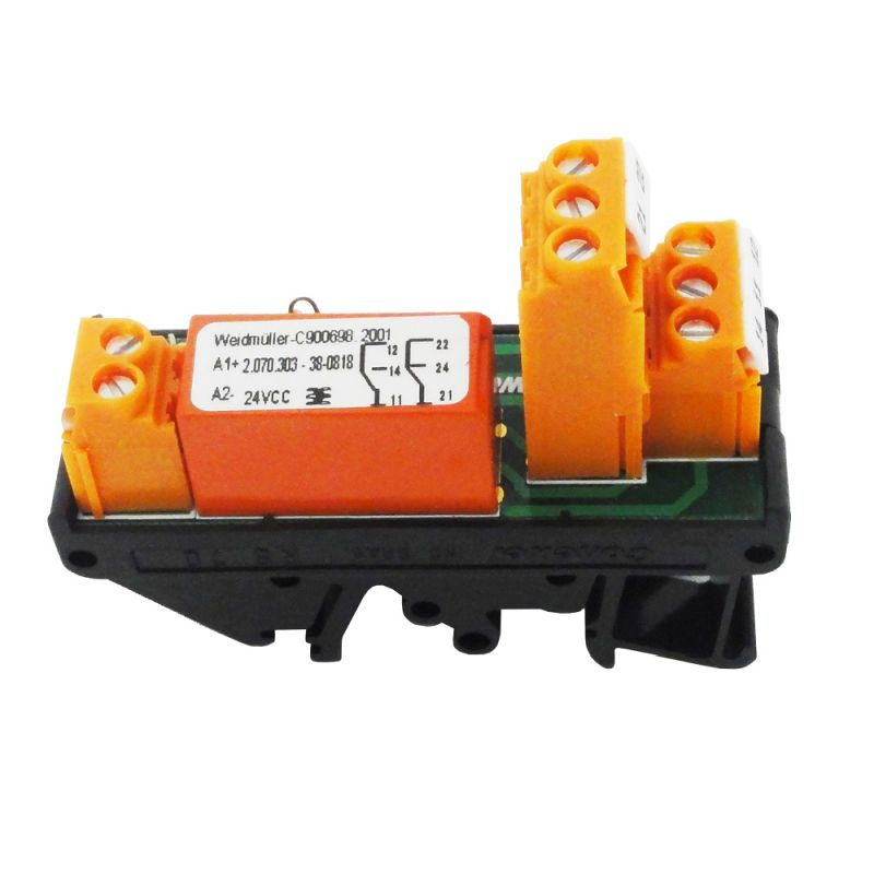 Acoplador Relé Acoplador Relé 24VCC 2 Contatos Reversíveis (NAF) com LED Vermelho 5A 250VCA Largura 23 mm para Trlho DIN Conexão para Parafusos