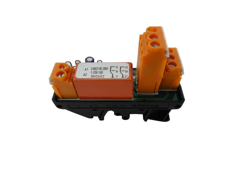 Acoplador Relé Acoplador Relé 24VCA/CC 2 Contatos Reversíveis (NAF) com LED Vermelho 6A 250VCA Largura 12 mm para Trilho DIN Conexão para Parafusos