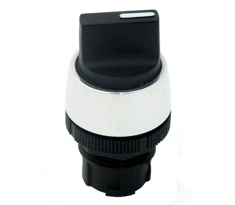 Comutador PVC Comando 22 mm Aro Cromado com 3 Posições 90G com Retenção Manopla Curta Preto Centralizado