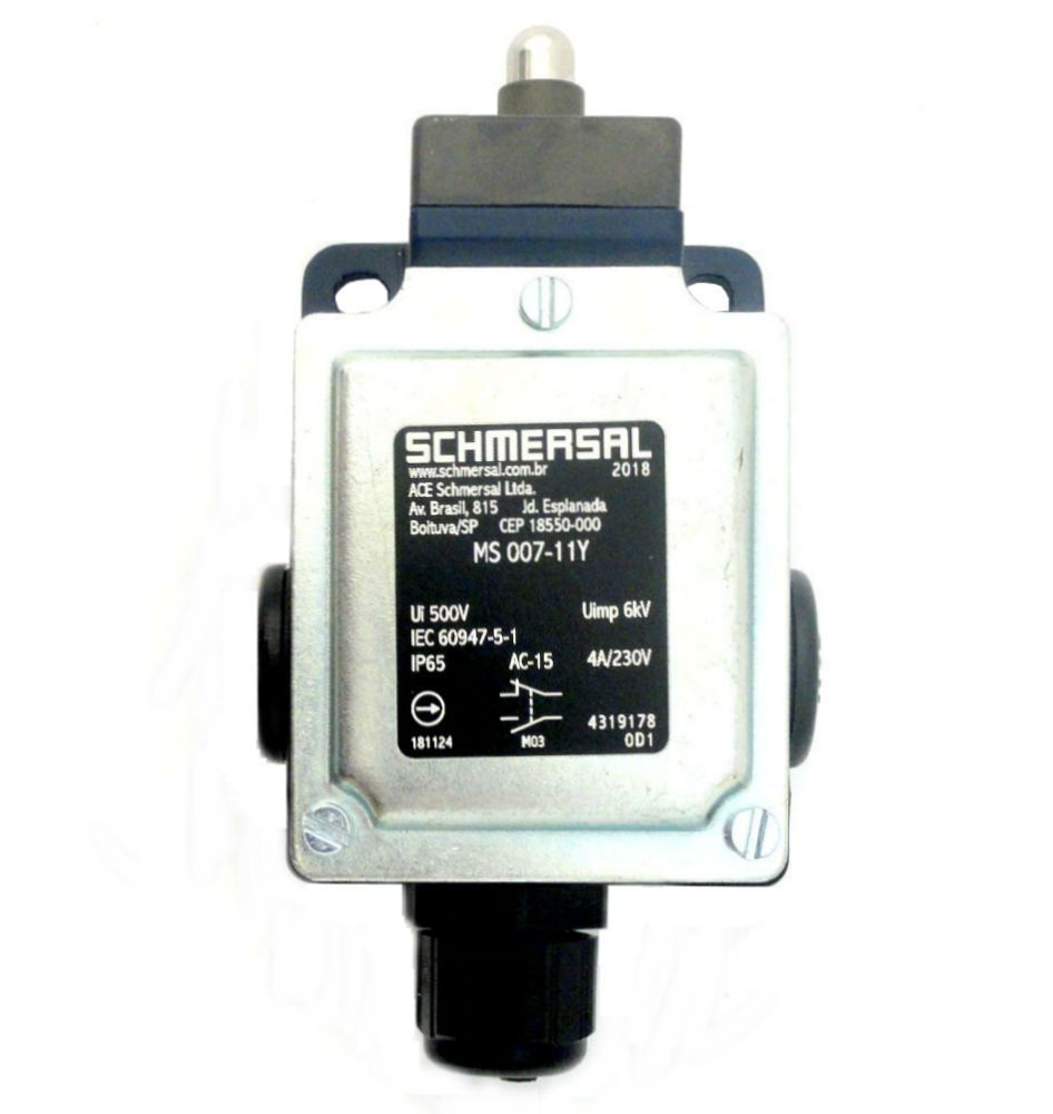 Fim de Curso Ação Rápida MS007 Metálico com Pino Simples 1NA + 1NF com Pistão Metálico