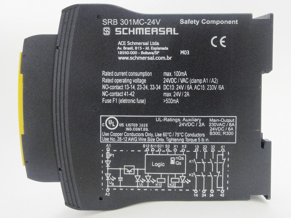 Relé Segurança Relé Segurança SRB 301-MC 24VCA/CC 3NA+1NF para Trilho DIN para Parada de Emergência /Portas/Cortinas/Barreiras Conexão para Parafusos