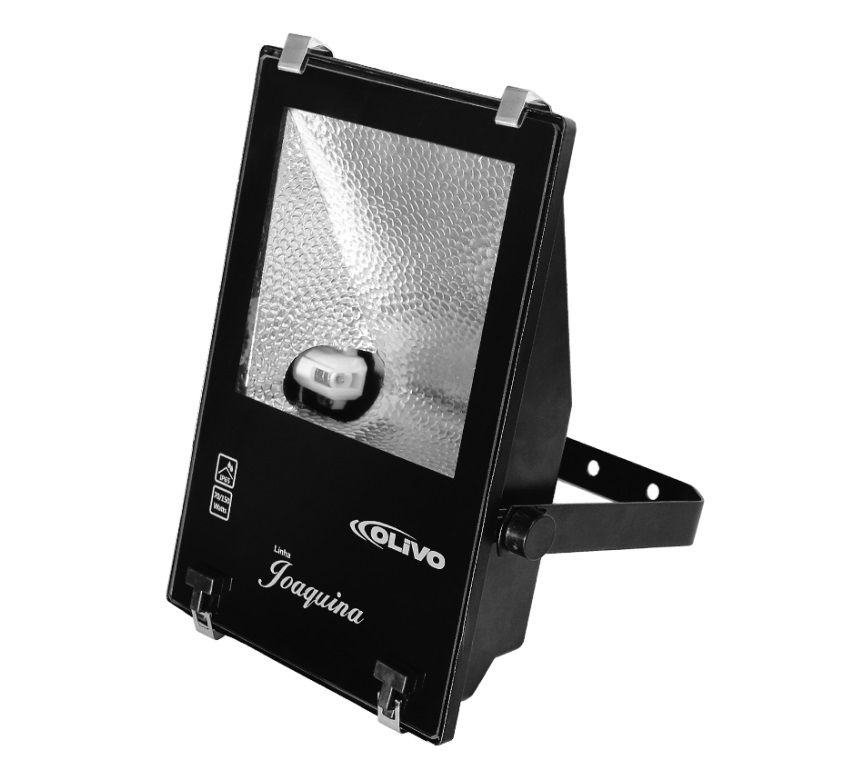 Projetor Retangular Chapa Alumínio Lateral Chapa Pintada 70/150W com Base RX7S sem Alojamento Preto Facho Assimétrico Refletor