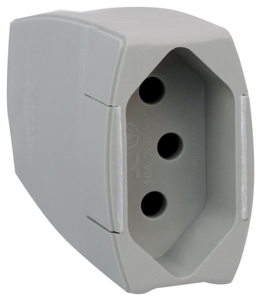 Plugue Fêmea 2P+T 10A 250VCA PVC Cinza com Prensa Cabo