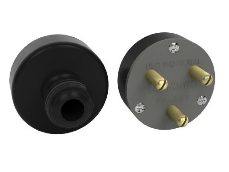 Plugue Industrial 3P Redondo 32A 500VCA Preto/Cinza PVC