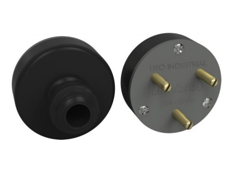 Plugue Industrial 3P Redondo 20A 500VCA Preto/Cinza PVC