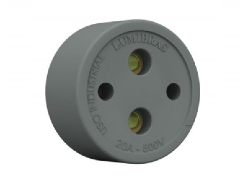 Tomada PVC 2P Redondo Sobrepor Industrial Redonda 20A/500VCA Cinza Inquebrável