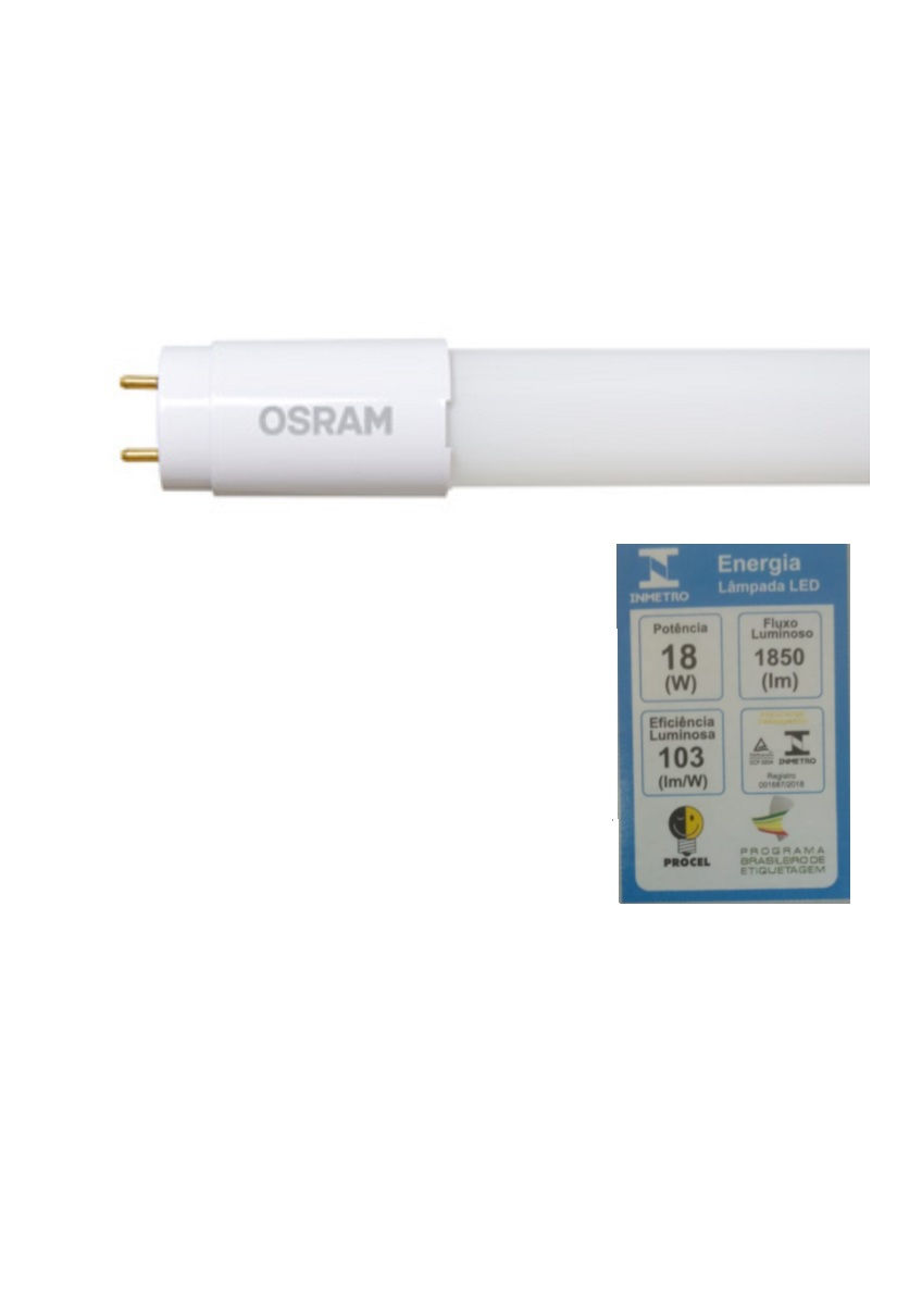 Lâmpada LED 18W Tubular T8 Vidro G13 Bipino Bivolt Branca 6500K 1850LM Osram/Ledvance