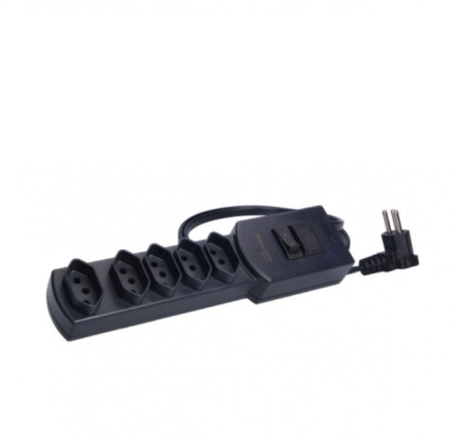 Filtro de Linha PVC com 5 Tomadas 2P+T 10A Bivolt com Fusível com Botão Liga/Desliga Preto com Cabo 1 M