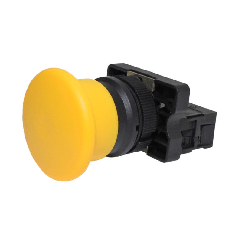Botão Botão Emergência PVC Cogumelo 22,00 mm Amarelo Aro Preto com Elemento 1NA Opaco sem Trava 40 mm