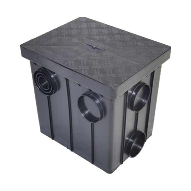 Caixa Passagem Polipropileno Quadrada 410x350x440 mm com 7 Entradas com 1 Saída 100 mm Preta 48 Litros com Tampa