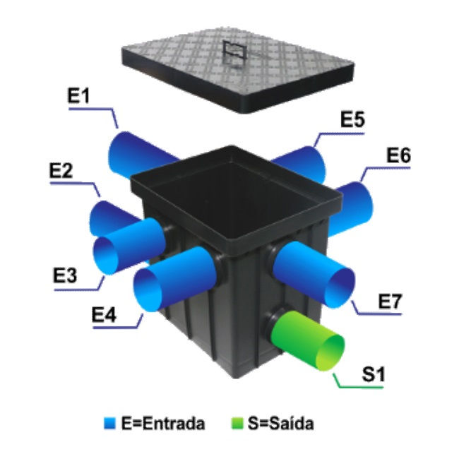 Caixa Passagem Polipropileno Quadrada 410x350x440 mm com 7 Entradas com 1 Saída 100 mm Preta 48 Litros com Tampa
