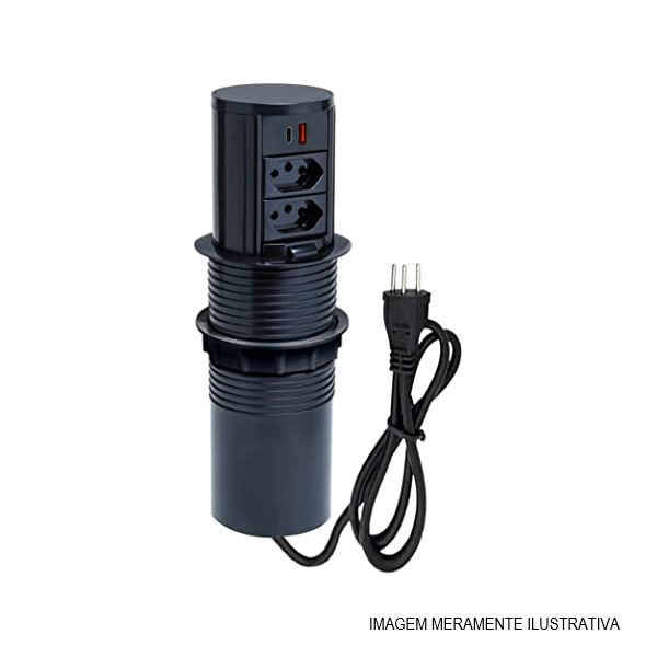 Mini Totem Manual com 2 Tomada 2P+T 20A + 2 USB Metal e PVC Preto QTMOV Pratik com Cabo 3x1,50 mm²