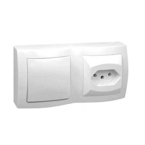 Interruptor Conjunto Sobrepor 1 Tecla Simples + 1 Tomada 2P+T 10A 136x70x32 mm Branco Sistema X com Caixa