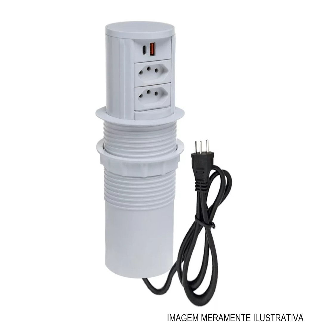 Mini Totem Manual com 2 Tomada 2P+T 20A + 2 USB Metal e PVC Branco QTMOV Pratik Cabo Alimentação 3x1,50 mm²