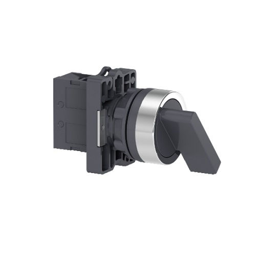 Comutador PVC Comando 22 mm Aro Cromado 1NA com 2 Posições Fixo Manopla Longa Preto