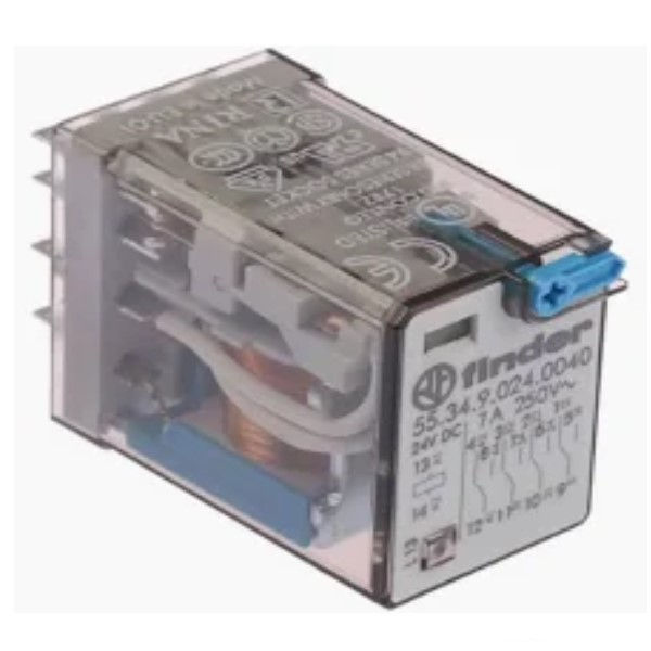 Relé Industrial 14 Pinos 7A 24VCC 4 Contatos Reversíveis 50/60 Hz Botão Teste Bloqueável