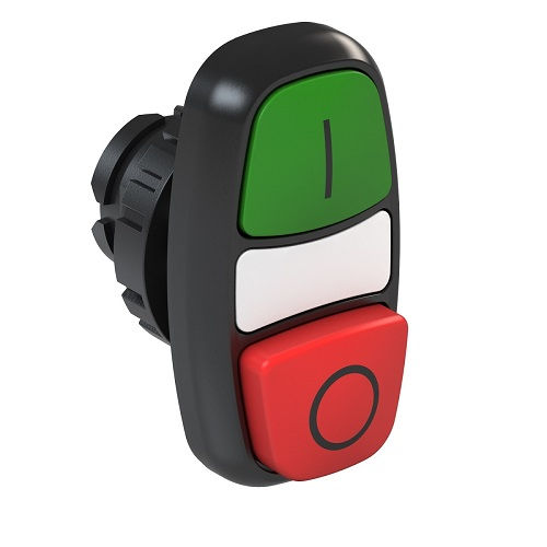 Botão Botão Pulsador Duplo PVC Faceado/Saliente 22,00 mm Verde/Vermelho Aro Preto sem Elemento Luminoso com Gravação I/O