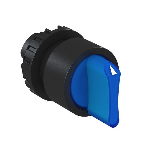 Cabeçote PVC para Comutador Comando 22 mm Aro Preto com Trava Iluminável Manopla Curta com 2 Posições 90G Azul IP66 sem Elemento Contato/Iluminação