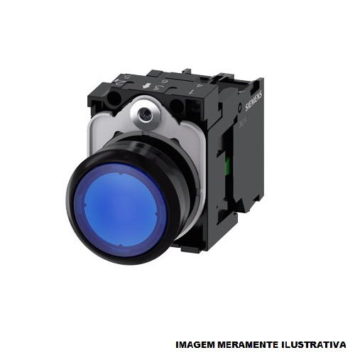 Botão Botão Pulsador PVC Faceado 22,00 mm Azul Aro Preto com Elemento 1NA Luminoso com LED 24VCA/CC sem Gravação